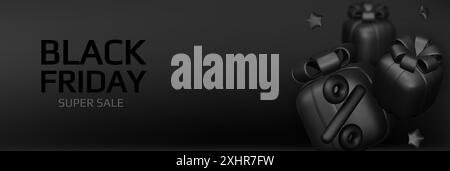 Holiday Black Friday Sale. Realistische 3D-Objekte Geschenkbox, Einkaufstasche, Prozentzeichen, fallendes Geld. Vektorabbildung Stock Vektor