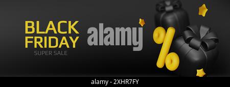 Holiday Black Friday Sale. Realistische 3D-Objekte Geschenkbox, Einkaufstasche, Prozentzeichen, Megaphon-Lautsprecher, fallendes Geld. Vektorabbildung Stock Vektor