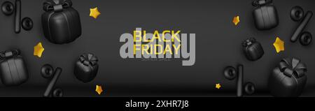 Holiday Black Friday Sale. Realistische 3D-Objekte Geschenkbox, Einkaufstasche, fallende Sterne. Vektorabbildung Stock Vektor