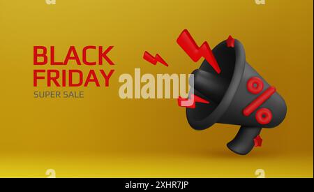 Holiday Black Friday Sale. Realistische 3D-Objekte, Prozentzeichen, Megaphon-Lautsprecher, Blitz. Vektorabbildung Stock Vektor