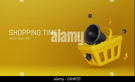 Holiday Black Friday Sale. Realistische 3D-Objekte Geschenkbox, Einkaufstasche, Prozentzeichen, Megaphon-Lautsprecher, fallendes Geld. Vektorabbildung Stock Vektor