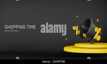 Holiday Black Friday Sale. Realistische 3D-Objekte Geschenkbox, Einkaufstasche, Prozentzeichen, Megaphon-Lautsprecher, fallendes Geld. Vektorabbildung Stock Vektor