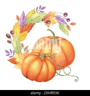 Herbstblätter und orangefarbene Kürbiskränze. Farbenfrohe gelbe, orange, rote, lila Laub und Kürbis-Clipart. Runder Rahmen Design-Element für herbstliche Dekoration, Erntedankfest, Karten, Geschenkanhänger, Stockfoto