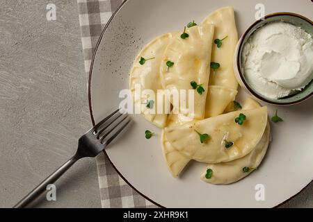Pierogi, ein traditionelles Gericht der polnischen Küche, Knödel, Blick von oben, Nahaufnahme, keine Leute Stockfoto