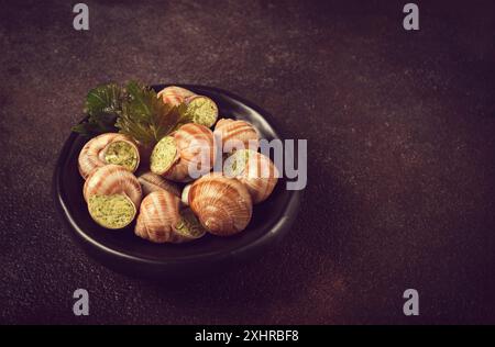 Schnecken, gefüllt in Burgund, auf einem schwarzen Teller, mit Traubenblättern, französische Küche, keine Leute Stockfoto