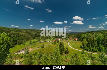 Blühende Sommerwiese am Staudamm des Krusner Gebirges in Prisecnice CZ 06 26 2024 Stockfoto