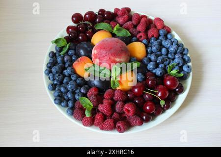 Eine Anordnung von verschiedenen frischen Früchten einschließlich Kirschen, Himbeeren, Heidelbeeren, Pflaumen, Aprikosen, und einen Pfirsich, garniert mit Minzblättern auf einem Stockfoto