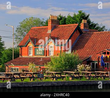 Landschaft mit dem Black Horse Pub am Ufer des Kennett & Avon Canal in Devizes. Vom Juli 2024. Sommer. Stockfoto