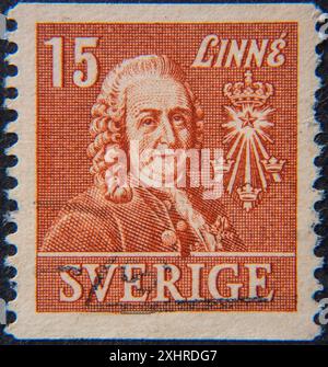 Carl von Linne alias Linnaeus, 1707–1778, ein schwedischer Botaniker und Entdecker. Porträt auf einer schwedischen Briefmarke Stockfoto