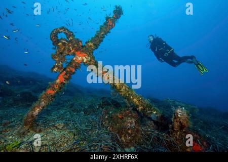 Taucher, der einen großen alten Ankeranker der Galeone auf dem Meeresboden, Mittelmeer, Elba, Toskana, Italien ansieht Stockfoto