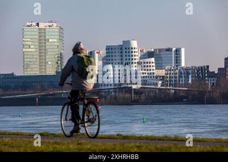 Düsseldorf, die Gehry-Gebäude, neuer Zollhof, im Medienhafen, links das Stadttor-Gebäude, hinter dem RWI4-Gebäudekomplex Rhein Stockfoto