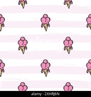 Einfaches nahtloses Muster mit rosafarbenen Streifen und schmelzendem Eis in einer Waffeltasse. Heller Vektorhintergrund für Banner, Geschenkpapier, Druck, Stoff. Stock Vektor