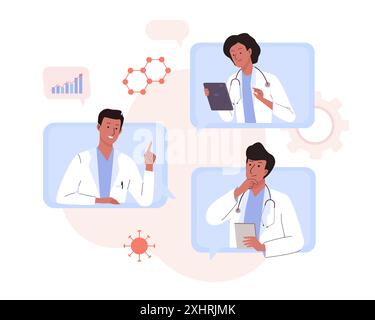 Ärzte Online-Videokonferenz Meeting. Medizinisches Mitarbeiterteam in professioneller Uniform diskutiert Medizin, wissenschaftliche Forschung und Patientenversorgung Stock Vektor