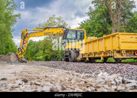 Gelber Bagger mit Anhänger auf einer Baustelle umgeben von Wald, bewölkter Himmel im Hintergrund, Gleisbau Hermann Hessener Bahn Stockfoto