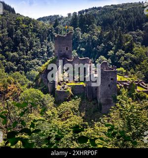 Die Ruine von Schloss Manderscheid, Südeifel, Eifel, Rheinland-Pfalz, Deutschland Stockfoto