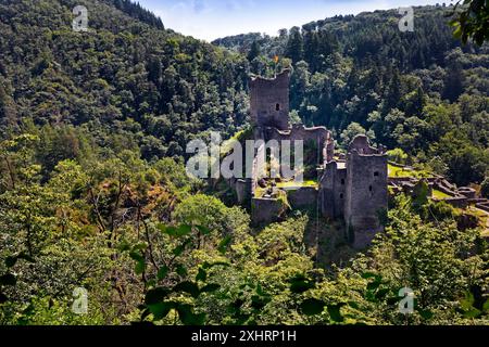 Die Ruine von Schloss Manderscheid, Südeifel, Eifel, Rheinland-Pfalz, Deutschland Stockfoto