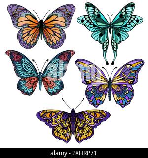 Satz farbiger heller Schmetterlinge auf einem lila Aquarellhintergrund. Layout zum Drucken von Illustrationen auf T-Shirts, Notizblöcken, Umschlägen Stockfoto