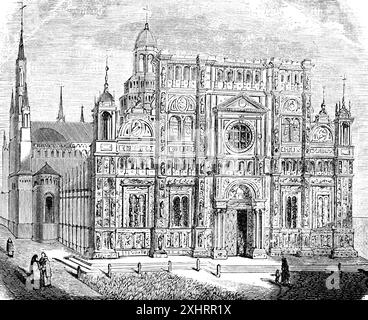 Klosteranlage in Certosa di Pavia, Ende des 14. Jahrhunderts, Gotik, Renaissance, Ornamentik, Vorderseite, Eingang, Rosenfenster, Türme, Lombardei, Italien Stockfoto