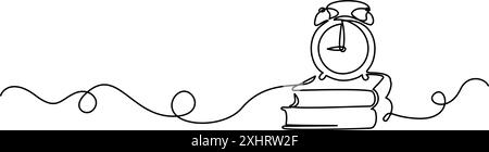 Bücher und Wecker in Wellenrahmen. Bildungs- und Lernkonzept. Stock Vektor