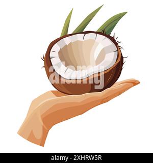 Frische und gesunde Kokosnuss in der Handfläche isoliert auf weißem Hintergrund. Vektor-Illustration in flacher Art mit tropischen Früchten. Clipart für c Stock Vektor