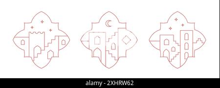 Marokkanischer Stil, Treppe, Bogen, Wände, Bogen, Haus, Mond. Orientalische Fenster mit Blick auf Stadt und Landschaft. Vektorkonturen Poster, Karten. Stock Vektor