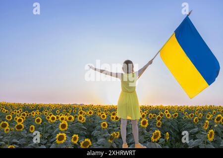 Große ukrainische Flagge in der Hand der Frau, die vor dem blühenden Sonnenblumenfeld vor dem Hintergrund der untergehenden Sonne und des Himmels steht. Nationales Symbol von fr Stockfoto