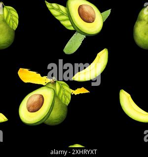 Avocado Mit Aquarell. Aquarell handgezeichnete botanische Illustration. Vegetarisches Obst. Halbe Avocado. Scheiben grüne Avocado. Nahtloses Muster. Stockfoto