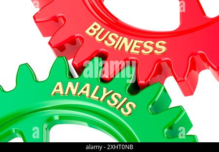 Business Analysis-Konzept mit farbigen Zahnrädern. 3D-Rendering isoliert auf weißem Hintergrund Stockfoto