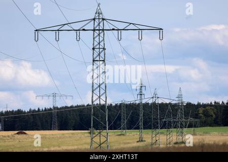 Ummspannwerk der Firma TenneT am 14.07.2024 in Oberbrunn in einem Ummspannwerk werden Stromleitungen miteinander verbunden, Strom wird auf verschiedene Spannungsebenen transformiert und weitergeleitet. *** Umspannwerk TenneT am 14 07 2024 in Oberbrunn werden in einem Umspannwerk Stromleitungen miteinander verbunden, Strom wird umgewandelt und auf verschiedene Spannungsebenen übertragen xMSx Stockfoto