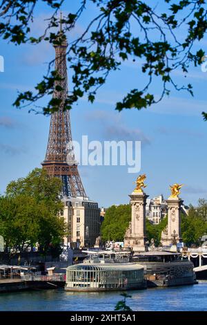 Pont Alexandre III, Sena River, Eiffelturm, Paris, Frankreich Stockfoto