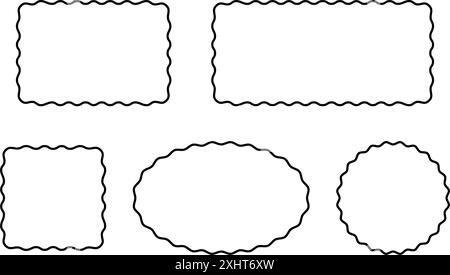 Set aus rechteckigen, quadratischen, ovalen und kreisförmigen Rahmen mit welligen Kanten. Einfache geometrische Formen mit Rüschenrändern. Leere Textfelder, Tags oder Etiketten isoliert auf weißem Hintergrund. Vektorgrafik Stock Vektor