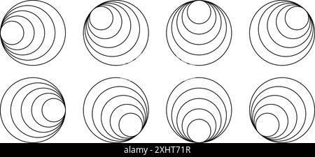 Interne tangentiale Kreise. Schallboomer oder Schallwellenzeichen. Muschelformen. Hawaiianische Ohrringe. Einfache geometrische Figuren. Konzentrische Ringe isoliert auf weißem Hintergrund. Vektorgrafik. Stock Vektor