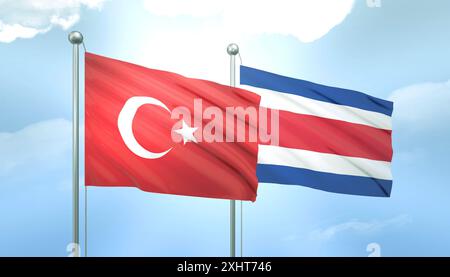 3D-Flagge der Türkei und Costa Rica auf blauem Himmel mit Sonnenschein Stockfoto