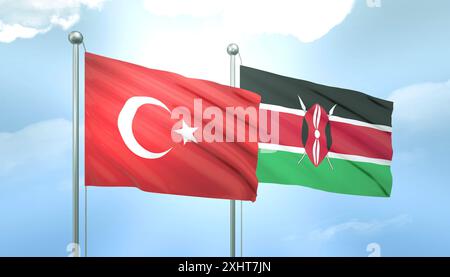 3D-Flagge der Türkei und Kenias am blauen Himmel mit Sonnenschein Stockfoto