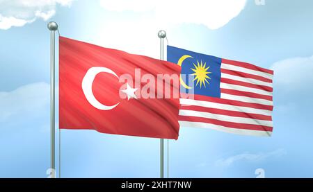 3D-Flagge der Türkei und Malaysias auf blauem Himmel mit Sonnenschein Stockfoto