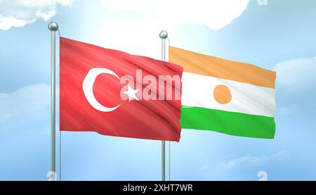 3D-Flagge der Türkei und Niger am blauen Himmel mit Sonnenschein Stockfoto