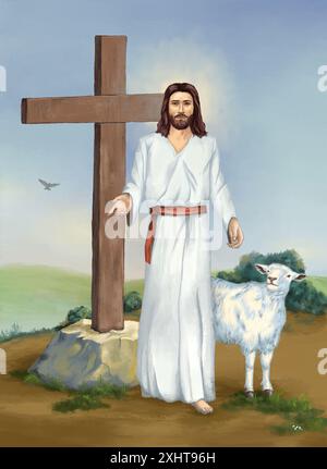 Ein Kreuz steht hoch hinter Jesus Christus, mit einem Schaf, das ihm folgt und ihn ansieht. Digitale Illustration, mein eigenes Kunstwerk. Stockfoto