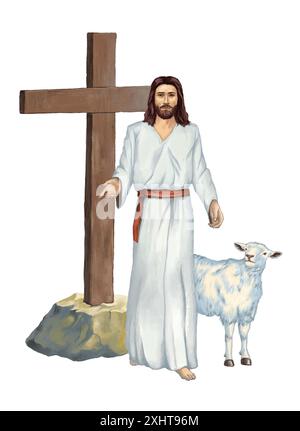 Ein Kreuz steht hoch hinter Jesus Christus, mit einem Schaf, das ihm folgt und ihn ansieht. Digitale Illustration, mein eigenes Kunstwerk. Stockfoto