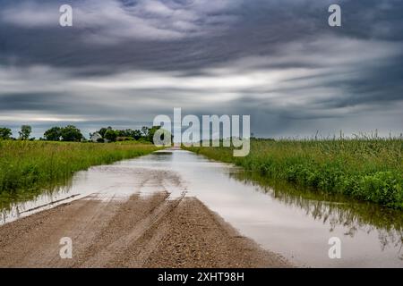 Selektiver Fokus auf den Schotter, der in Hochwasser mündet und die Straße in einem ländlichen Gebiet bedeckt Stockfoto