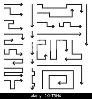 Pfeilsymbole für Labyrinth. Richtungspfade. Schwarze Liniensymbole. Vektorabbildung. Stock Vektor