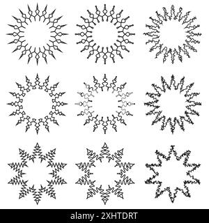 Abstrakte Kreismuster. Dekorative Mandalas. Schwarzer Vektorsatz. Geometrische Symmetrie Stock Vektor