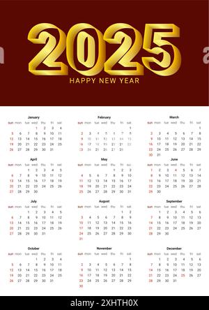 2025 Neujahr asiatisch chinesisch. Kalendervorlage. Wandkalender Planer Organizer für Druck. Vektorabbildung. Stock Vektor