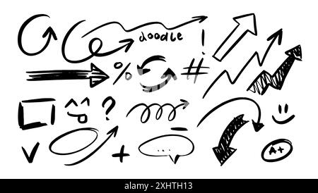 Skizzierte Doodle-Pfeile. Vektorsymbole festgelegt. Mit dem Richtungszeiger werden Objekte geformt, hervorgehoben und verdreht. Linien, Kurven. Markierungszeichnung. Handgezeichneter Pinsel Stock Vektor