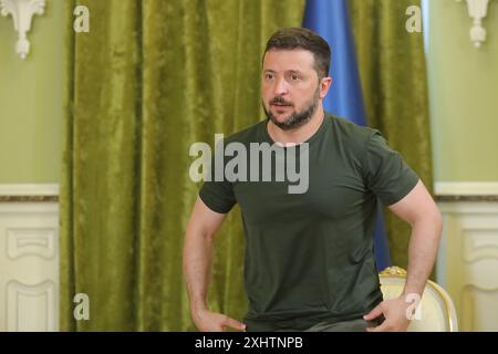 KIEW, UKRAINE - 15. JULI 2024 - Präsident der Ukraine Wolodymyr Zelenskij wird während einer Pressekonferenz in Kiew, Hauptstadt der Ukraine, gesehen Stockfoto