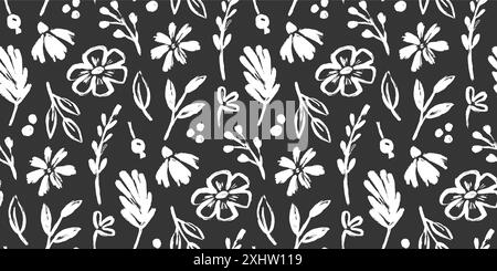 Nahtloses Muster mit Blumenpinsel. Floral abstrakt Hand gezeichnet Pinsel Farbe Hintergrund. Skizzieren Sie handgezeichnetes, florales Muster. Hintergrund mit Tafel-Textur und Blume. Vektorabbildung Stock Vektor