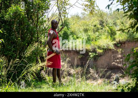 Maasai-Krieger in einer Landschaft der nördlichen Kenia-Savanne. Februar 2024. Masai Mara, Nationalpark, Kenia. Stockfoto