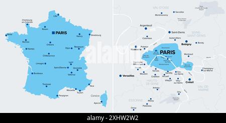 Metropolitan France Silhouette und Paris, ein Departement und die Hauptstadt, politische Karte. Europa-Frankreich, das Festland und Korsika gefährdet. Stockfoto