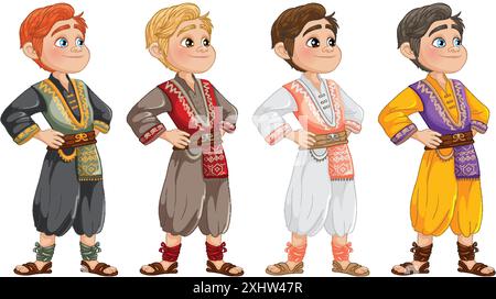 Vier Charaktere in bunten traditionellen Outfits Stock Vektor