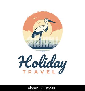 Holiday Travel Stork Animal Circle Sun Sunrise Beach Sky Logo-Vorlage Stock Vektor