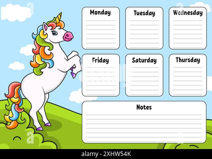 Schulplan mit magischem Einhorn. Für die Erziehung von Kindern. Isoliert auf weißem Hintergrund. Mit einer niedlichen Zeichentrickfigur. Stock Vektor